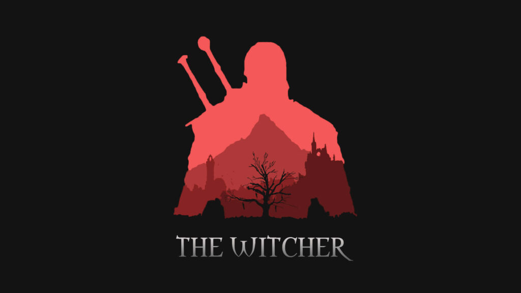 Bold Witcher-Themed Wallpaper: Silhouette with Swords & Dramatic Background