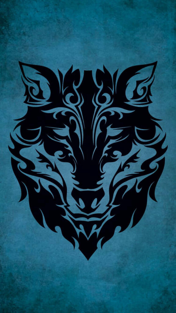 Bold Wolf Tattoo Wallpaper on Textured Blue Background for iPhone