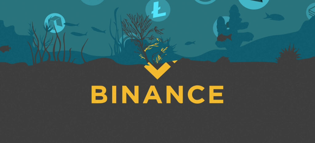 Bold yellow Binance logo underwater background with fish plants and floating crypto symbols wallpaper
