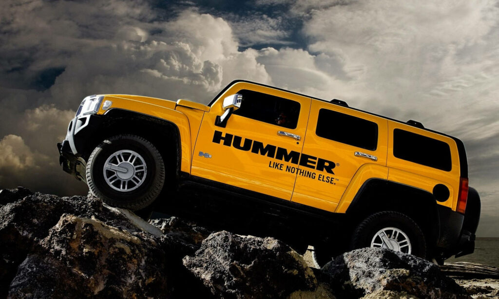 Bold Yellow Hummer Off-Road Wallpaper Against Dramatic Sky
