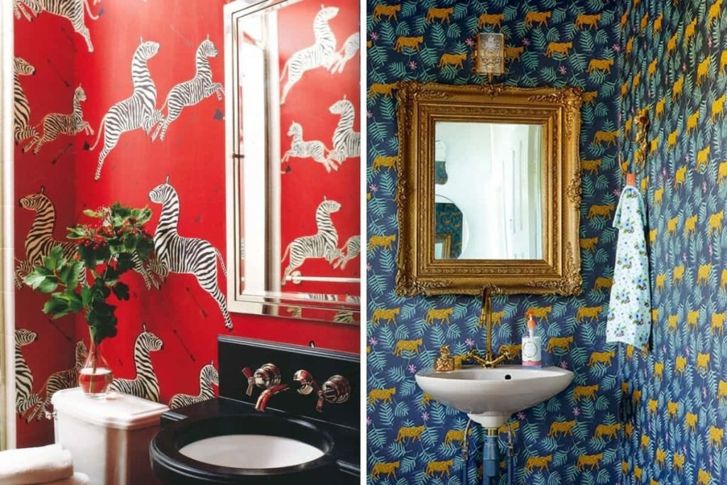 Two bold bathroom designs red zebra print with black fixtures and navy leopard wallpaper with gold mirror
