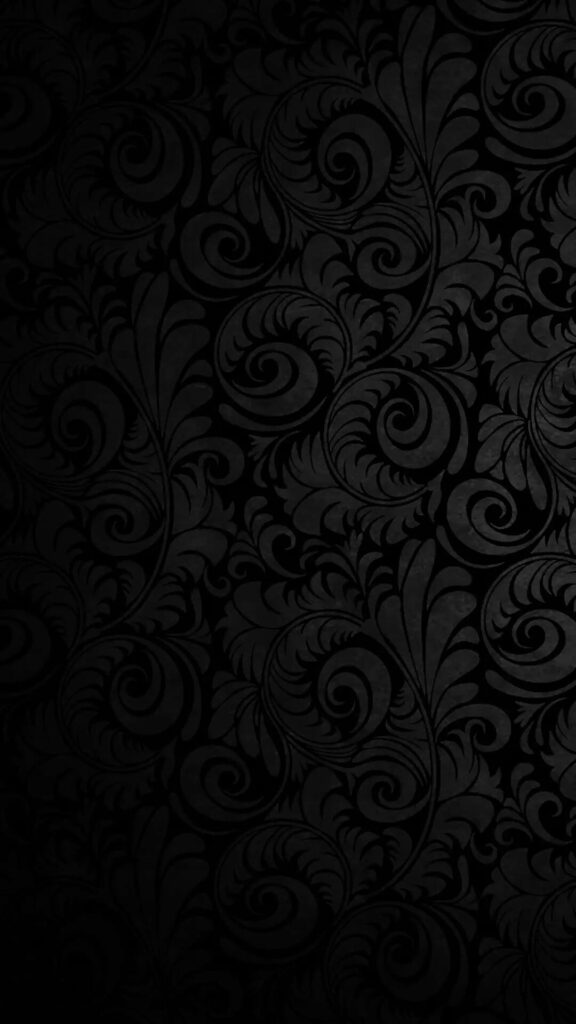 Chic black HD wallpaper with elegant charcoal floral scroll damask pattern for stylish phones