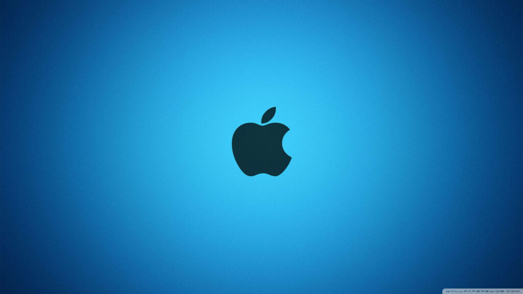 Minimalist Apple wallpaper with bold dark logo on vibrant radiant blue gradient background