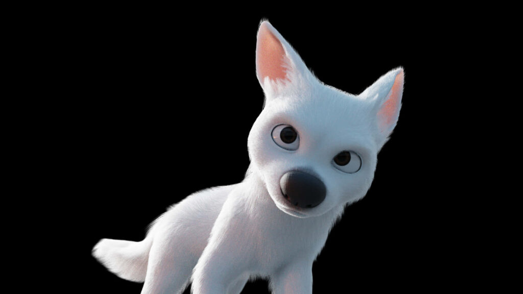 Bolt white animated dog with expressive eyes on black background high resolution wallpaper