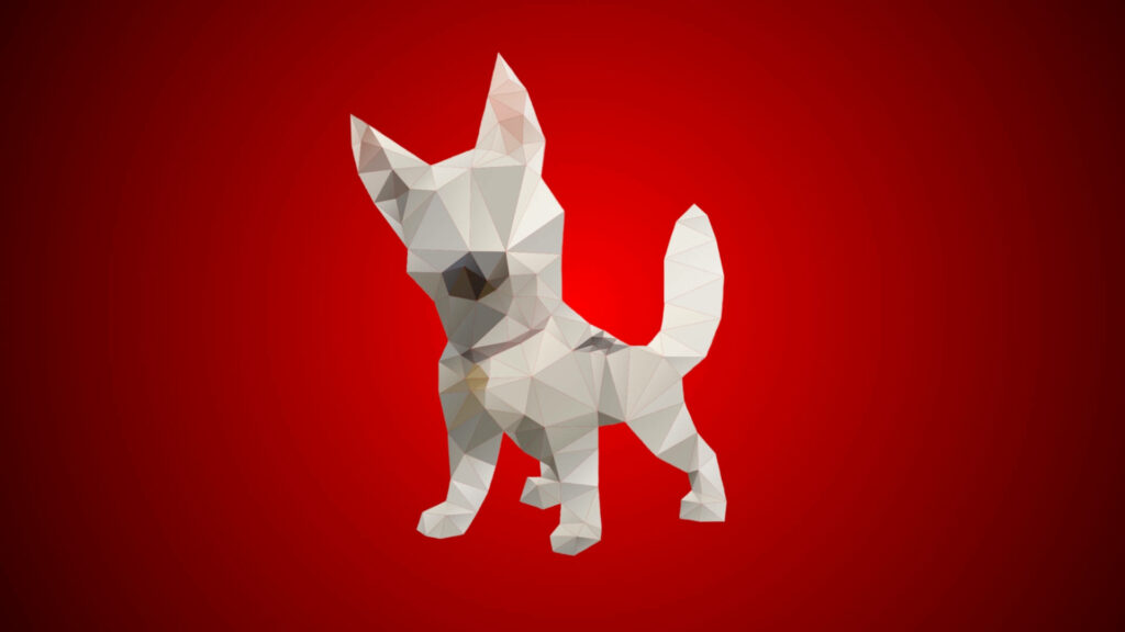 Low poly 3D Bolt dog figure in red gradient background geometric polygon wallpaper design