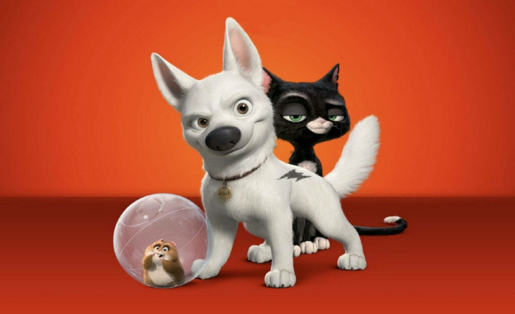 Bolt Mittens and Rhino vibrant wallpaper on bright orange background animated characters design