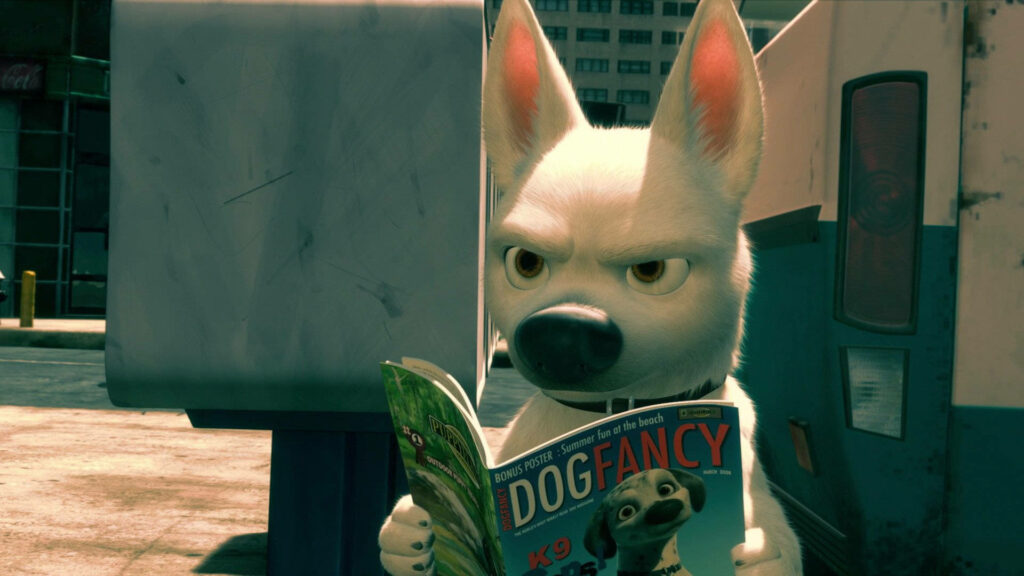 Bolt the animated white dog reading Dog Fancy magazine vibrant CGI city street wallpaper