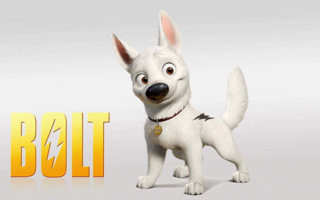 Bolt animated dog poster wallpaper with lightning collar and bold yellow logo on white background