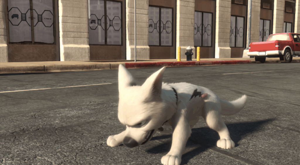 Animated white dog Bolt on city street with bold daylight sharp CGI details lightning bolt theme Wallpaper