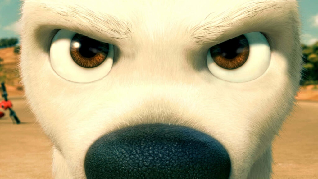 Close up of Bolt animated dog with expressive brown eyes intense gaze HD digital wallpaper background