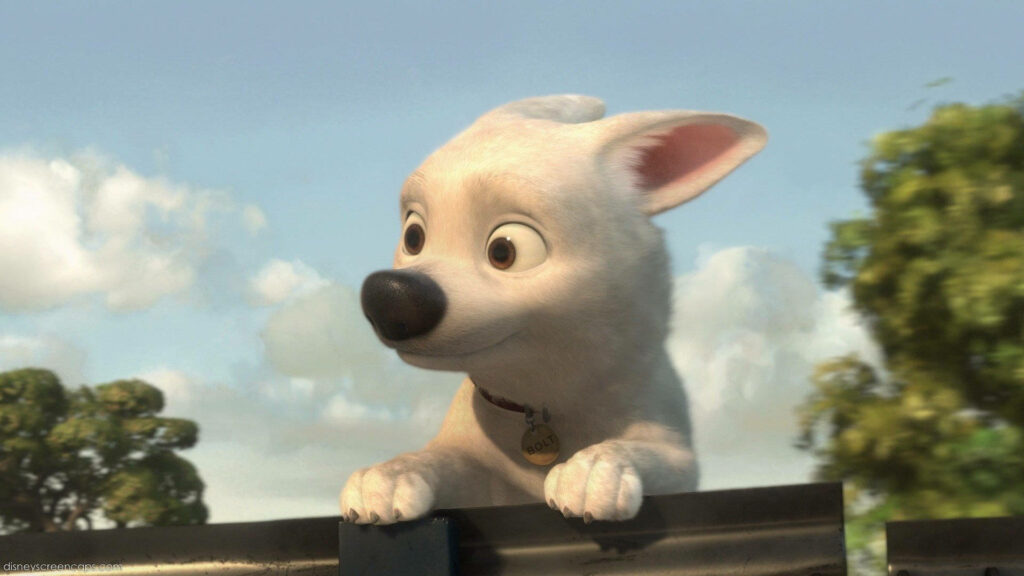 Bolt from Disney movie peeking from truck vibrant animated dog wallpaper background