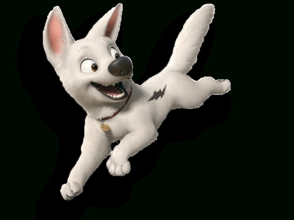 Bolt animated dog leaping joyfully on black background with white fur and lightning bolt symbol Wallpaper