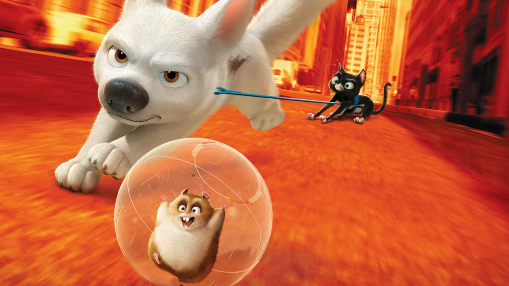 Bolt Mittens and Rhino racing through vibrant orange city streets dynamic animated wallpaper