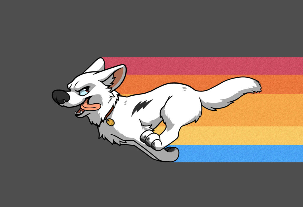 Bolt animated dog running with retro rainbow trail on sleek gray background motivational wallpaper