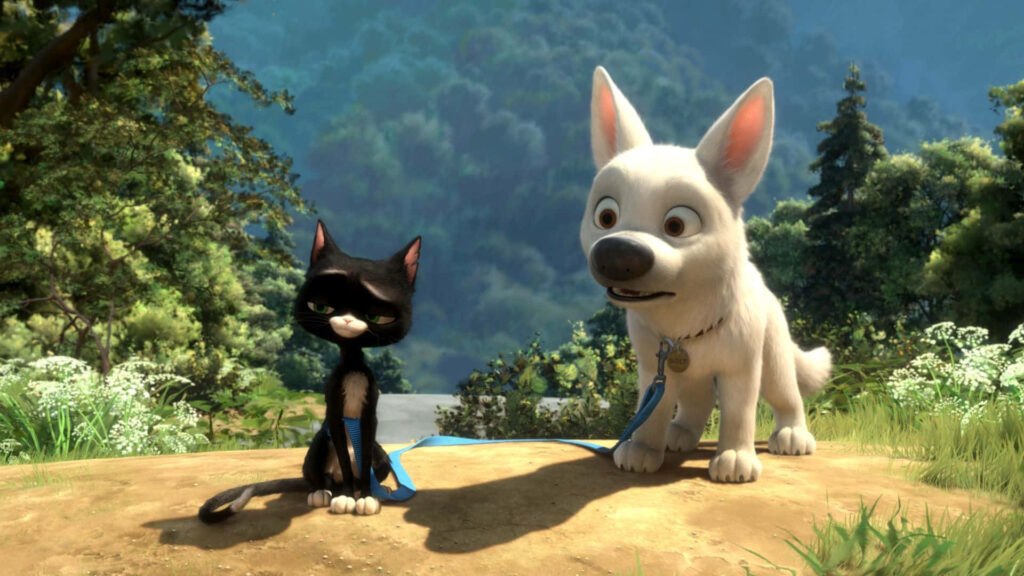 Bolt and Mittens on sunlit forest path lush greenery vibrant colors detailed 3D animation wallpaper
