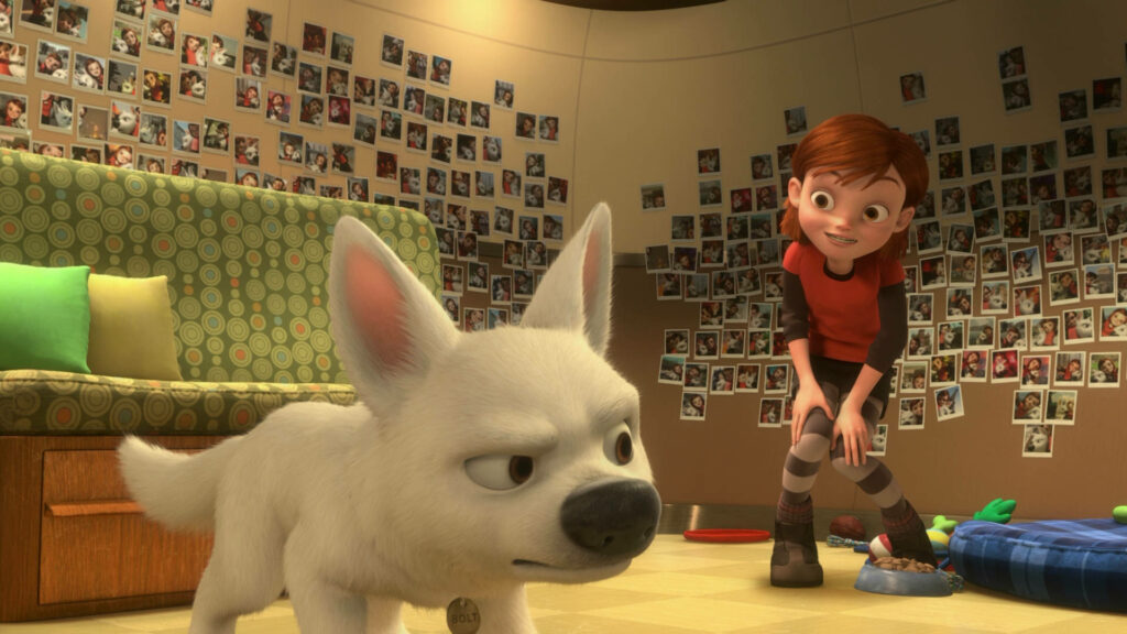 Bolt and Penny cozy room wallpaper showing their close bond in vibrant warm animated style