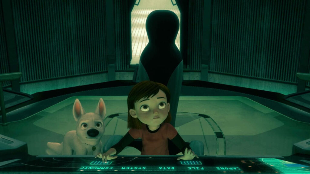 Bolt and Penny in futuristic control room with glowing teal digital interfaces wallpaper background