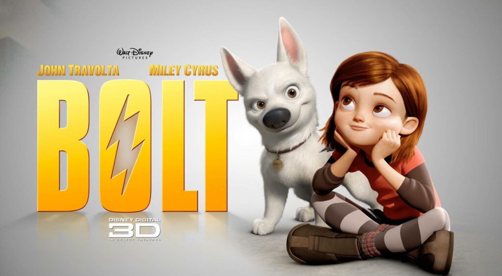 Bolt and Penny animated poster with gray background yellow text 3D effects Disney wallpaper