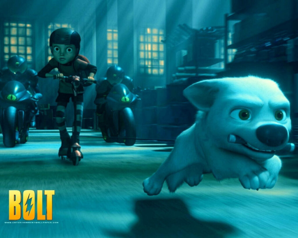 Bolt and Penny evade motorcycle pursuers in dimly lit industrial warehouse action scene wallpaper