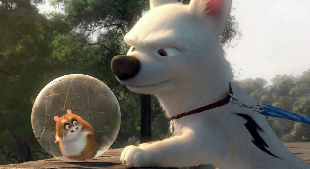 Bolt dog and Rhino hamster in ball outdoor lush greenery vibrant CGI animation wallpaper background