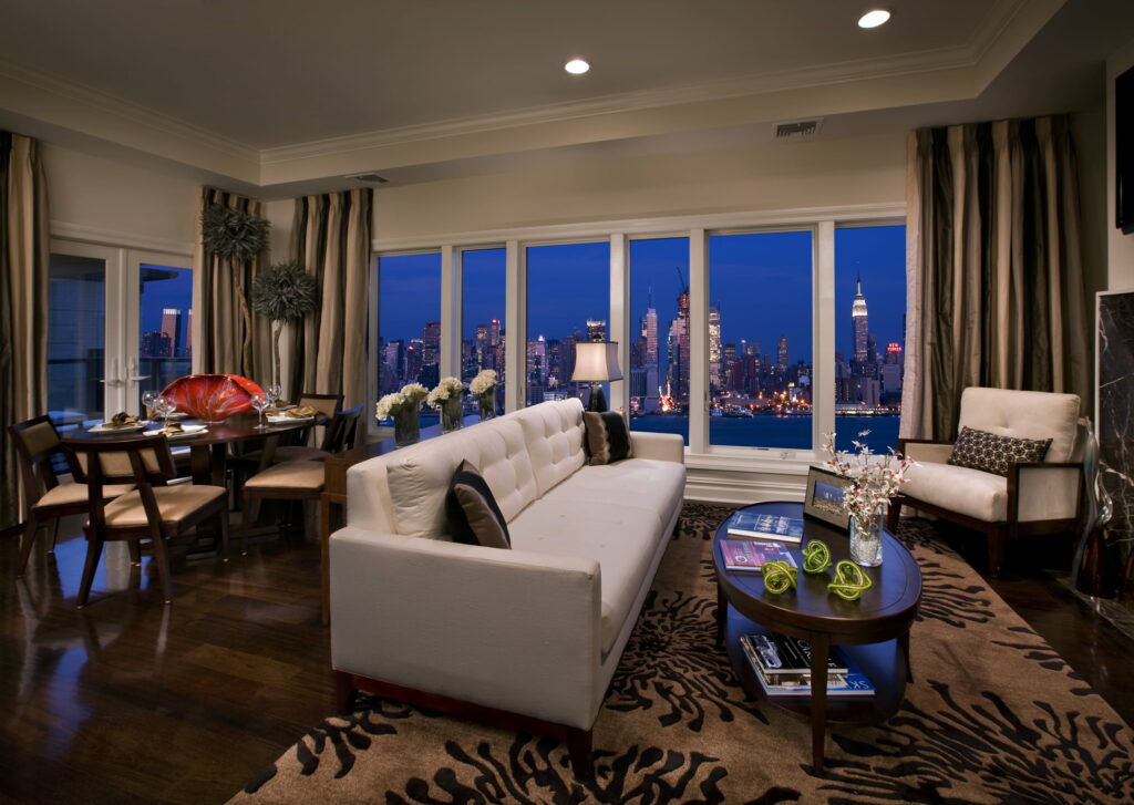 Serene Elegance: A Captivating White and Blue Bedroom with Stunning Views | HD Wallpaper Background Picture