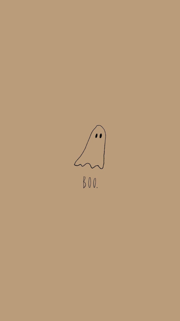 Simplistic Ghostly Charm: Spooky 'Boo' Line Art against a Warm Brown Canvas Wallpaper