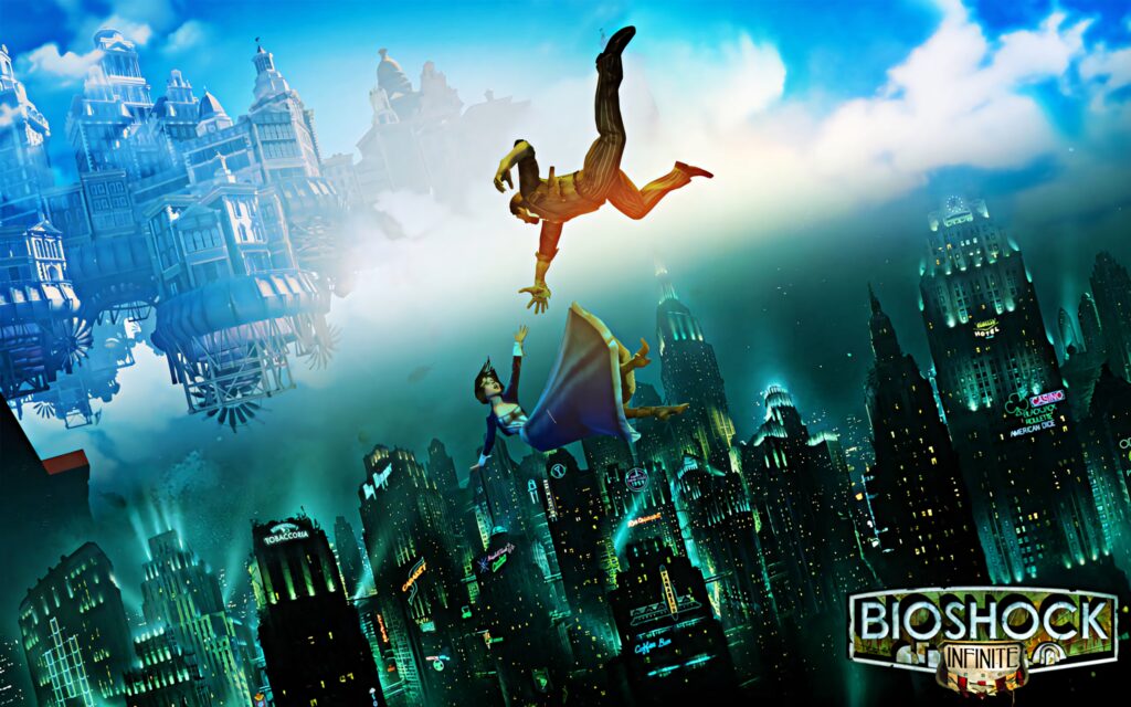 Booker DeWitt and Elizabeth falling between Columbia and Rapture showcasing BioShock Infinite worlds Wallpaper