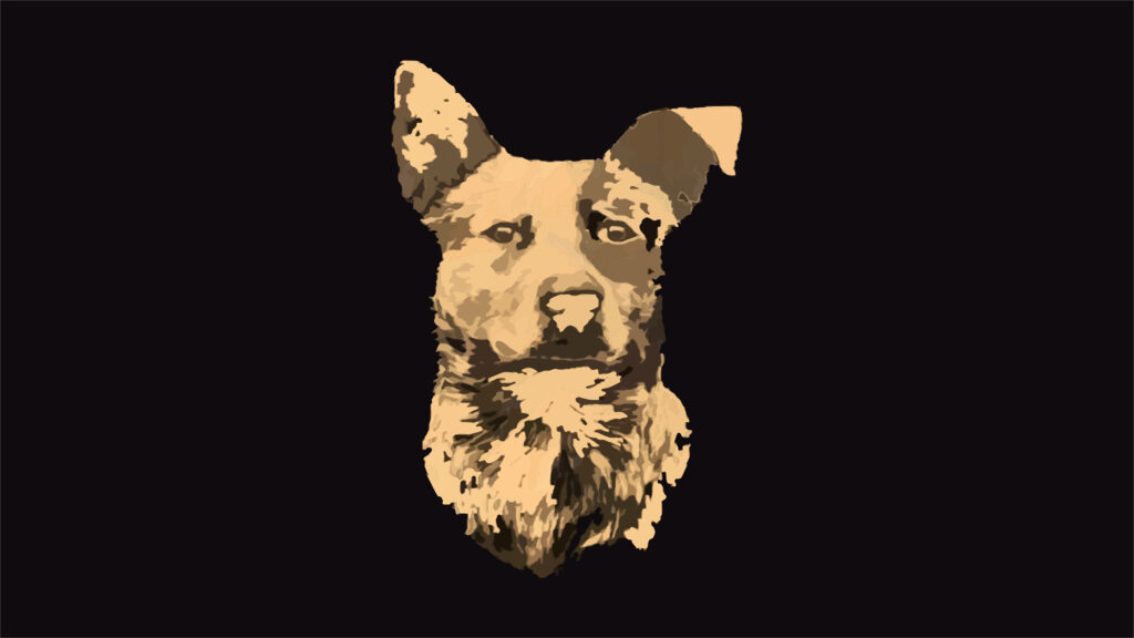 Sepia Stylized Depiction of Boomer the Dog: A Striking Digital Art Piece Set on a Dramatic Black Canvas Wallpaper