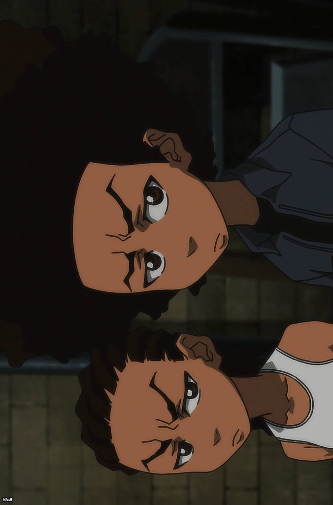 Boondocks wallpaper featuring Huey and Riley Freeman with serious expressions in cool tones
