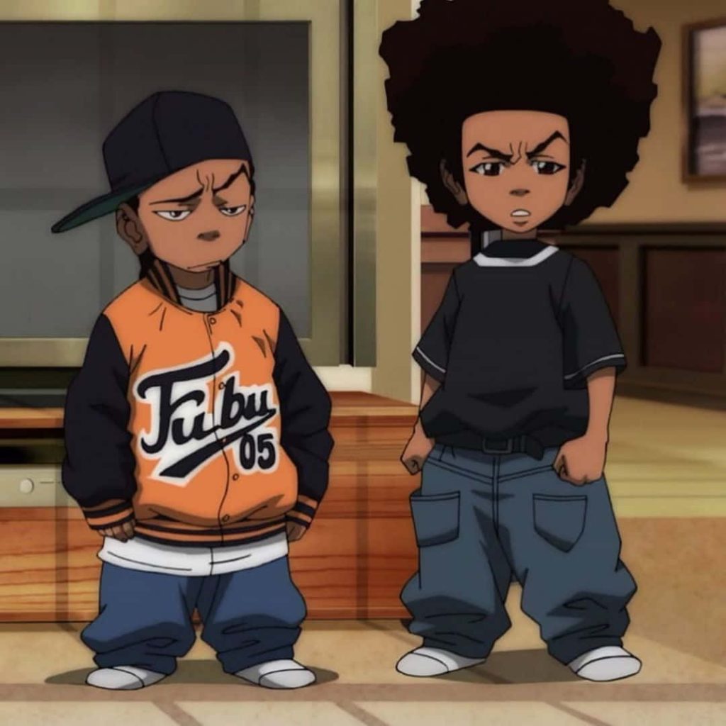 The Boondocks Huey and Riley Freeman anime style wallpaper with streetwear and serious expressions