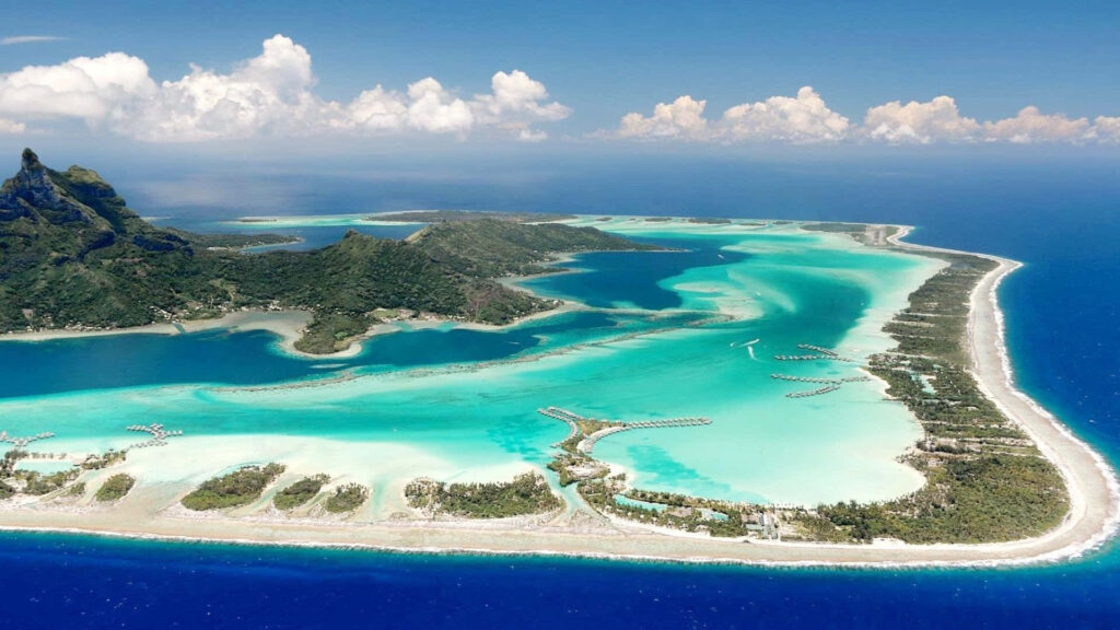 Bora Bora turquoise waters and lush greenery tropical paradise wallpaper background serene beauty