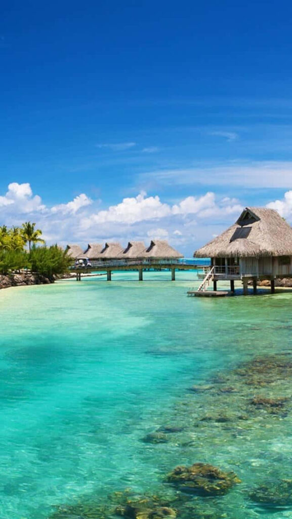 Bora Bora wallpaper with turquoise waters overwater bungalows and vibrant tropical scenery