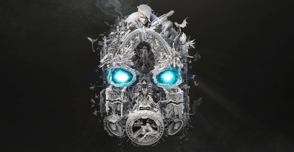 Borderlands 3 Wallpaper: Psycho Mask with Glowing Blue Eyes and In-Game Characters on Dark Background