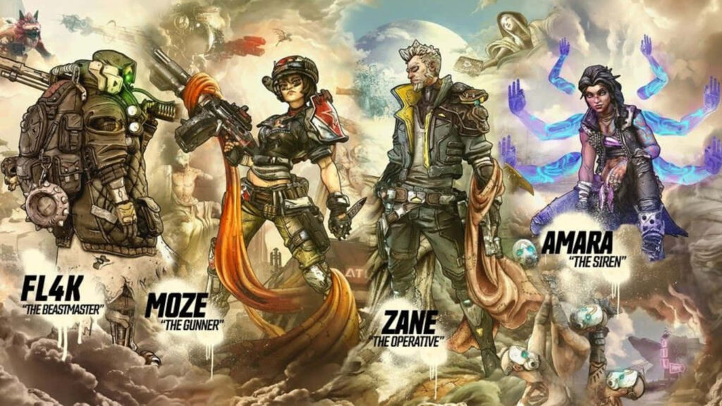 Borderlands 3 Dynamic Wallpaper: FL4K, Moze, Zane, Amara in Action poses - Battle-Themed Background