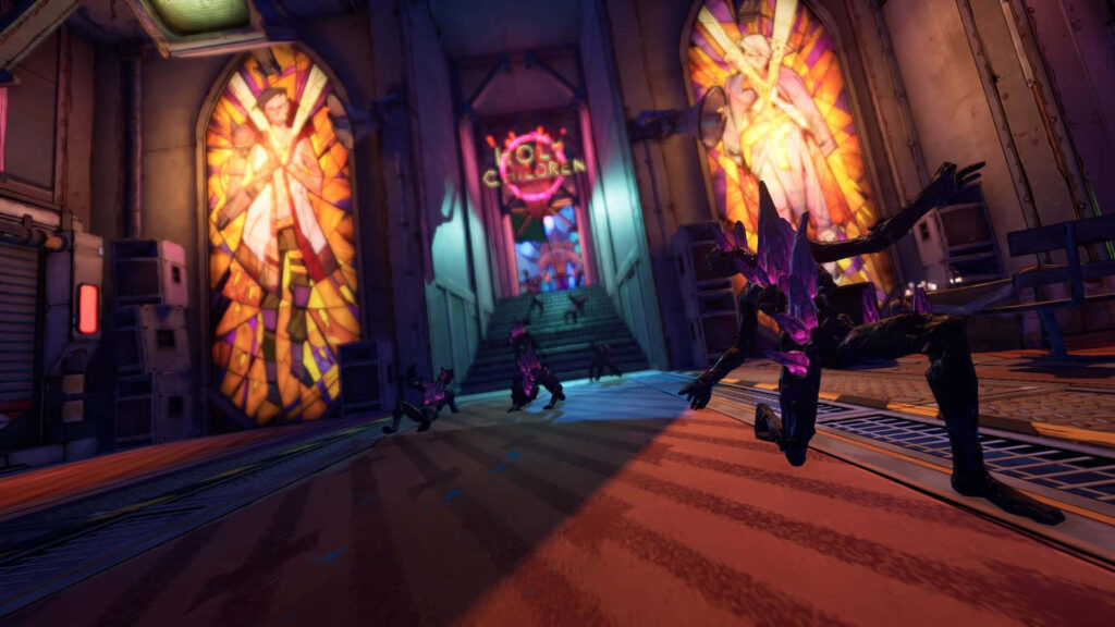 Borderlands 3: Characters in Mid-Battle in Futuristic Environment with Stained-Glass Windows Wallpaper