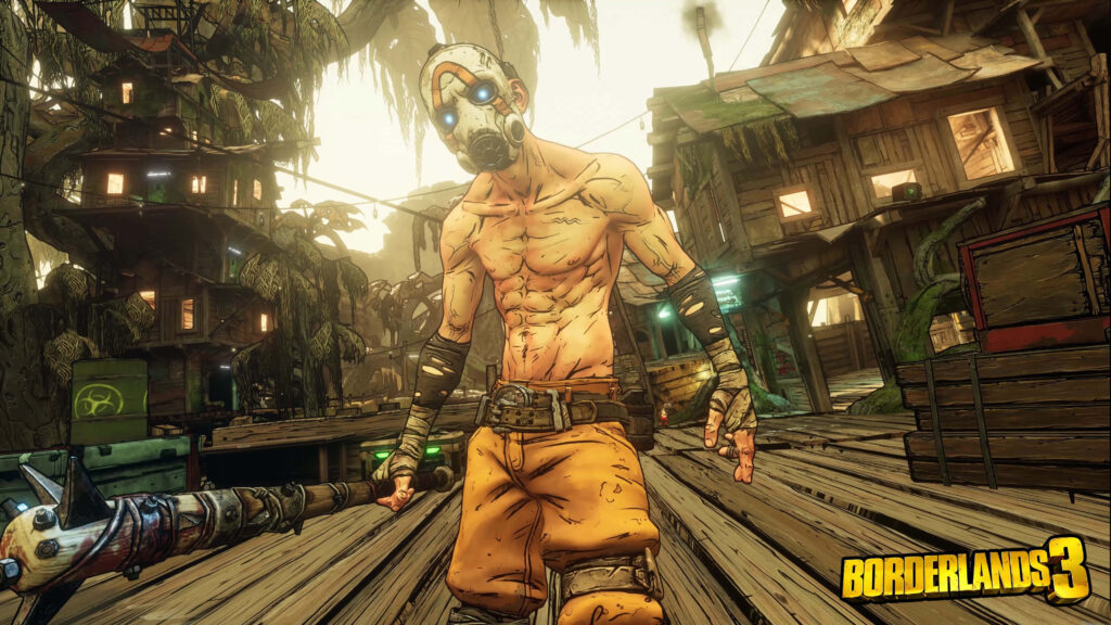 Borderlands 3 Character in Cel-Shaded Style - Rugged Survivor with Weapon, Chaos in Vibrant World Wallpaper
