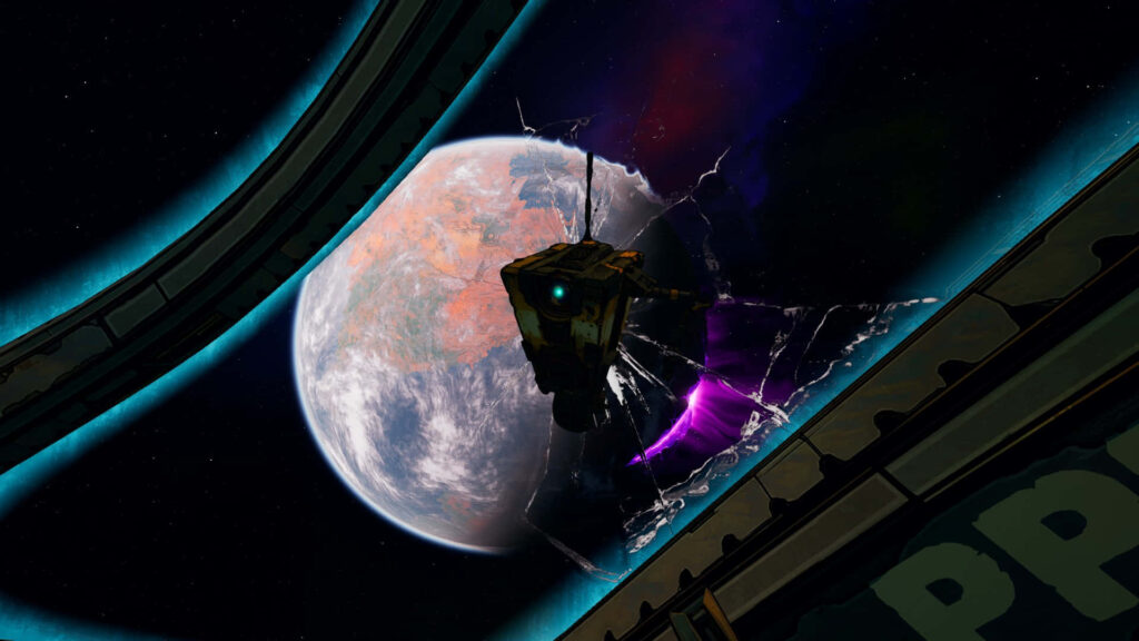 Borderlands 3: Futuristic spacecraft soaring past shattered moon and vibrant nebula in sci-fi adventure background Wallpaper