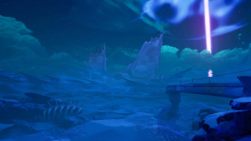 Borderlands 3 Night Scene Wallpaper: Vibrant Otherworldly Landscape with Neon-Pink Stream and Crashed Spaceships in Purple Hues