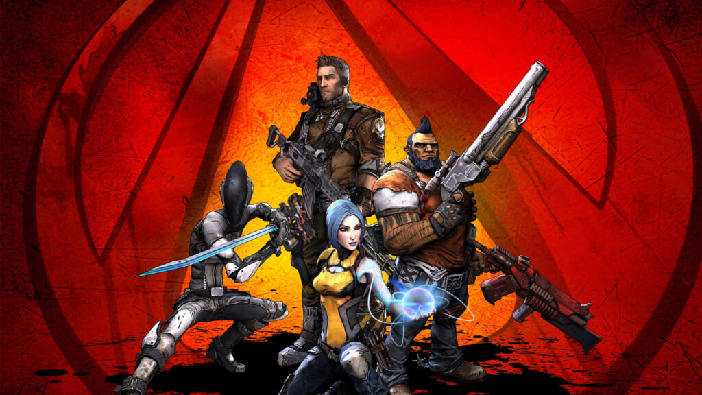 Dynamic Borderlands 3 Characters Wallpaper with Combat Pose on Red Background