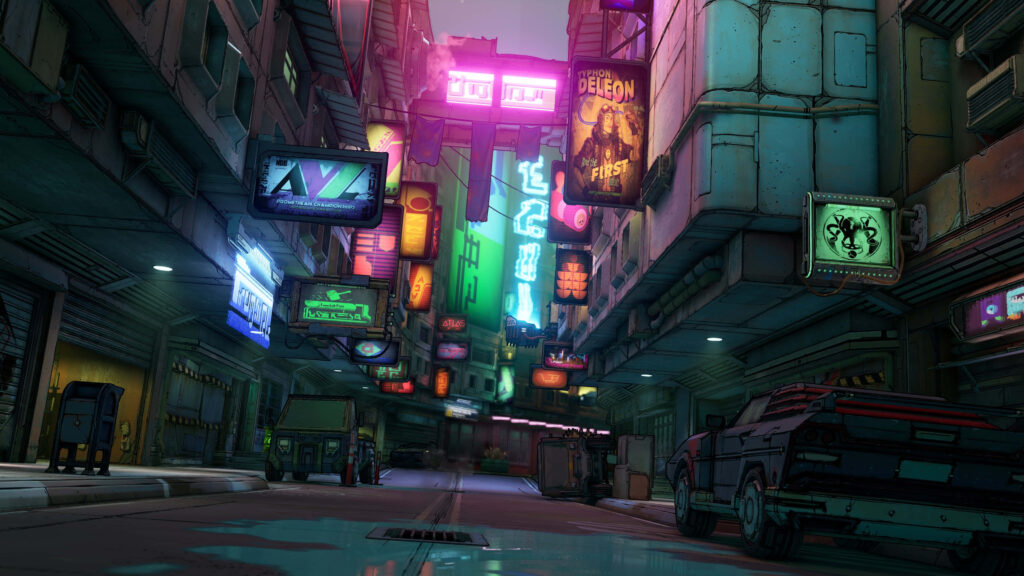 Neon City Alley Wallpaper from Borderlands 3 - Graffiti Walls, Glowing Signs, Distinctive Vehicles | Game Background