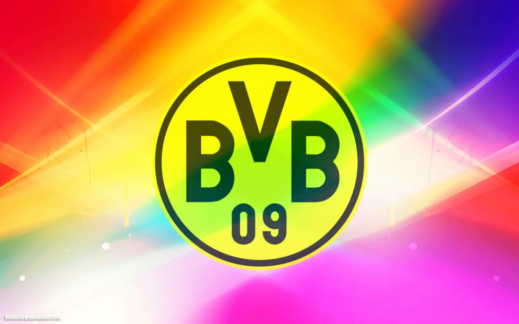 Borussia Dortmund logo on vibrant rainbow background colorful BVB fan wallpaper design