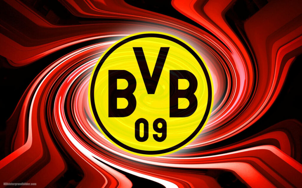 Borussia Dortmund logo centered on dynamic red and black swirling abstract football wallpaper background
