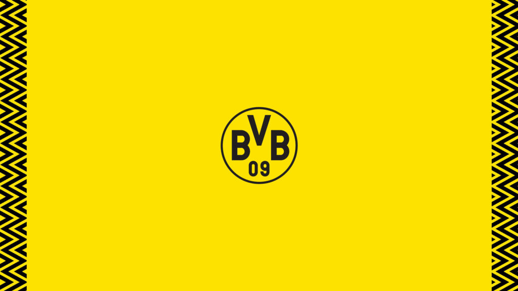 Borussia Dortmund logo wallpaper on bold yellow background with intricate black side patterns