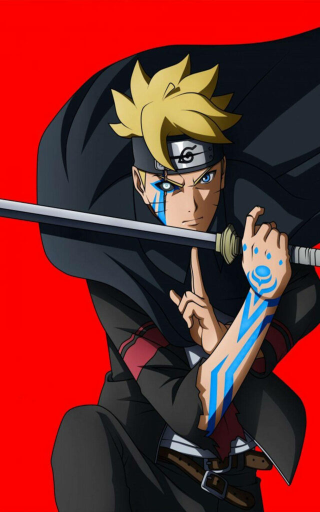 Boruto Anime Character Wallpaper Ready for Battle with Sword on Crimson Background