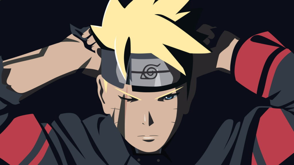 Boruto Uzumaki wallpaper minimalist vector art blue eye Karma mark Leaf Village headband dark background