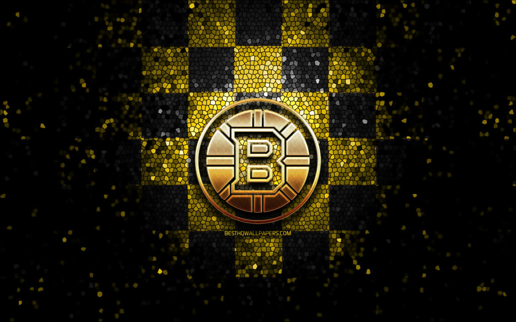 Boston Bruins logo on glittery black and gold checkerboard mosaic tile textured background Wallpaper