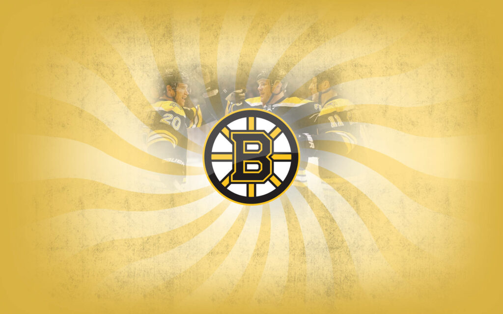 Boston Bruins wallpaper with iconic logo gold black sunburst and dynamic player action background