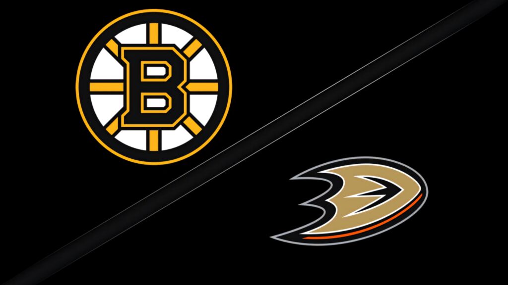 Boston Bruins and Anaheim Ducks split wallpaper with bold logos on dark diagonal NHL background