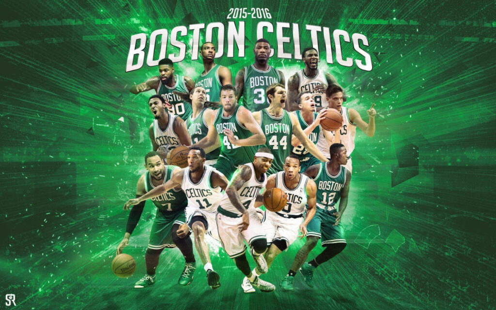Boston Celtics 2015-2016 roster in bold green uniforms dynamic action wallpaper background