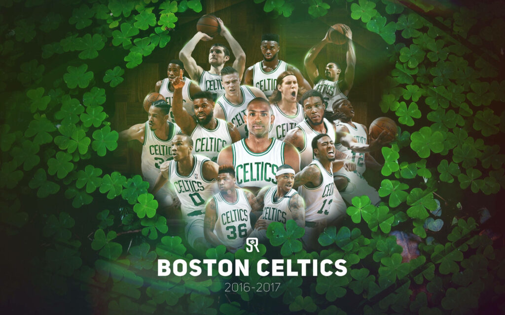 Boston Celtics 2016 2017 team wallpaper with star players green white jerseys shamrock background